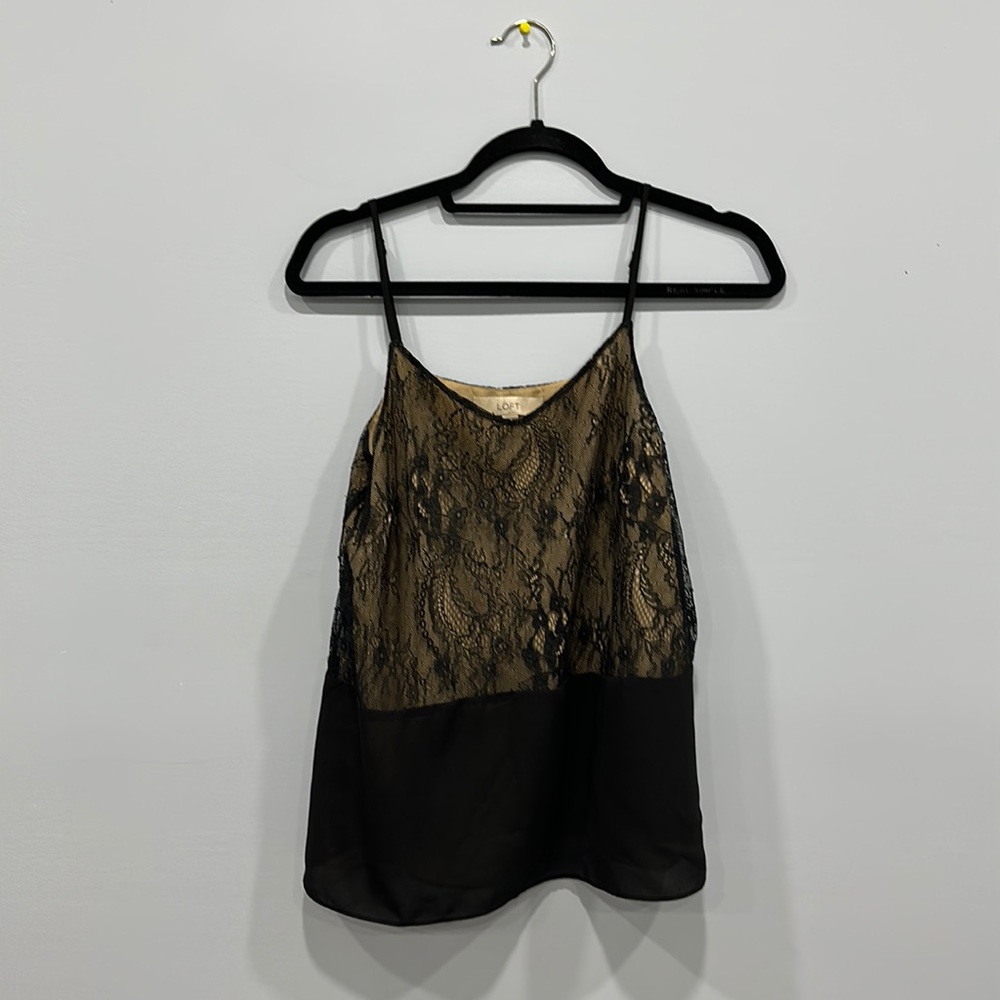 Black and cream laced blocked work friendly tank top spaghetti strapped loft top